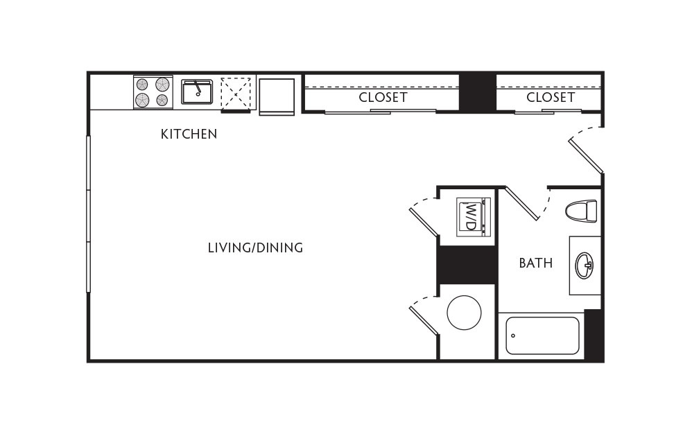 A10 - Studio floorplan layout with 1 bath and 487 square feet.