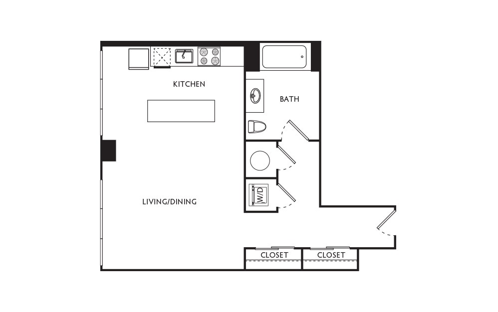A11 - Studio floorplan layout with 1 bath and 558 square feet.