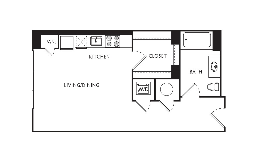 A12 - Studio floorplan layout with 1 bath and 480 square feet.