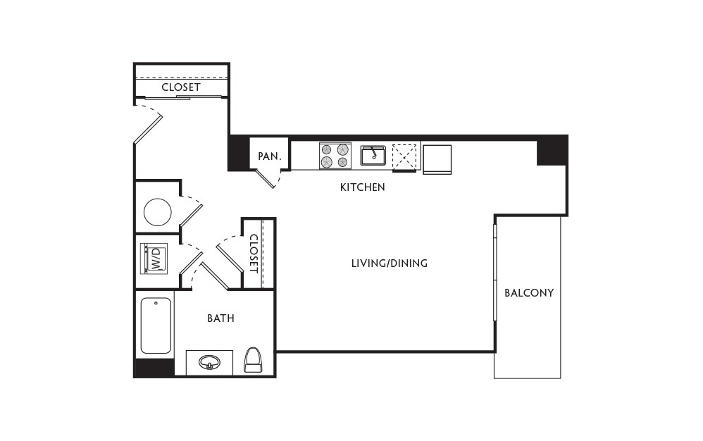A14 - Studio floorplan layout with 1 bath and 500 square feet.