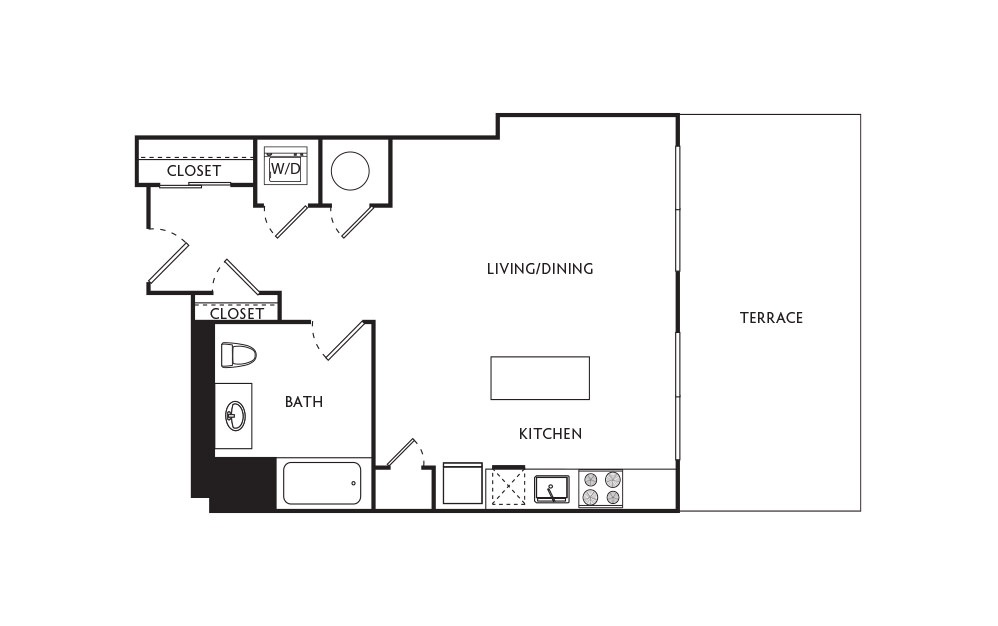 A16 - Studio floorplan layout with 1 bath and 498 square feet.