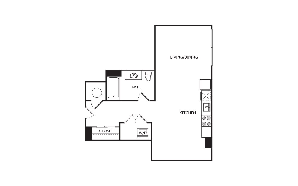 A1 - Studio floorplan layout with 1 bath and 474 square feet.