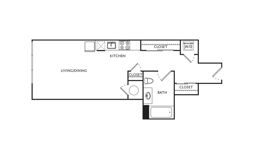 A2 - Studio floorplan layout with 1 bath and 487 square feet.