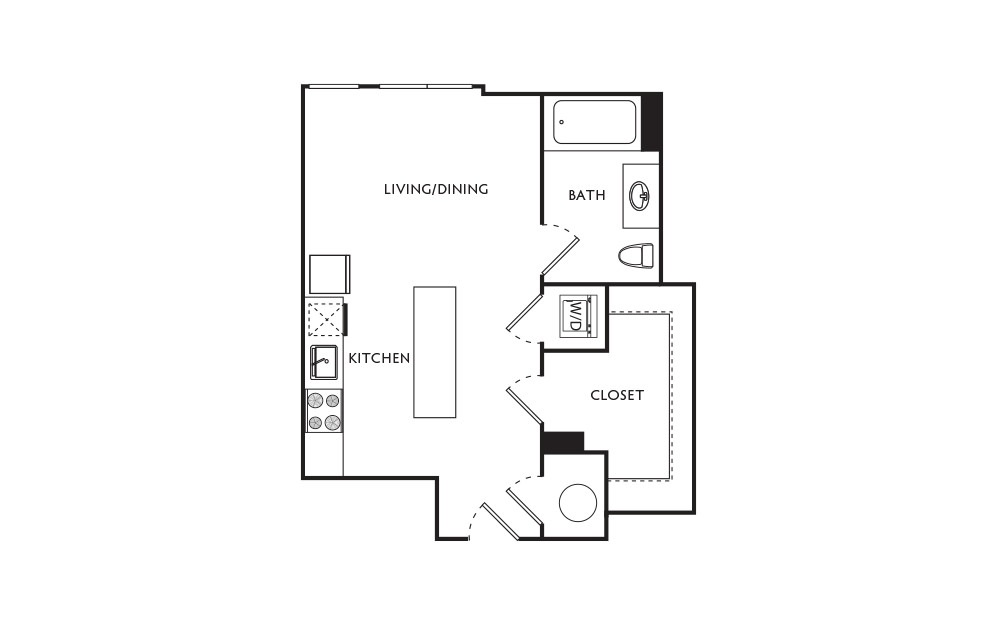 A5 - Studio floorplan layout with 1 bath and 444 square feet.