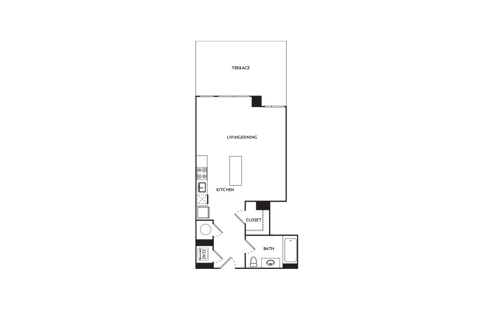 A7 - Studio floorplan layout with 1 bath and 506 square feet.