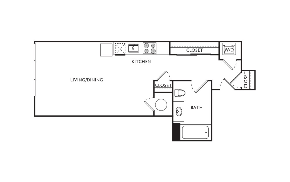 A8 - Studio floorplan layout with 1 bath and 482 square feet.