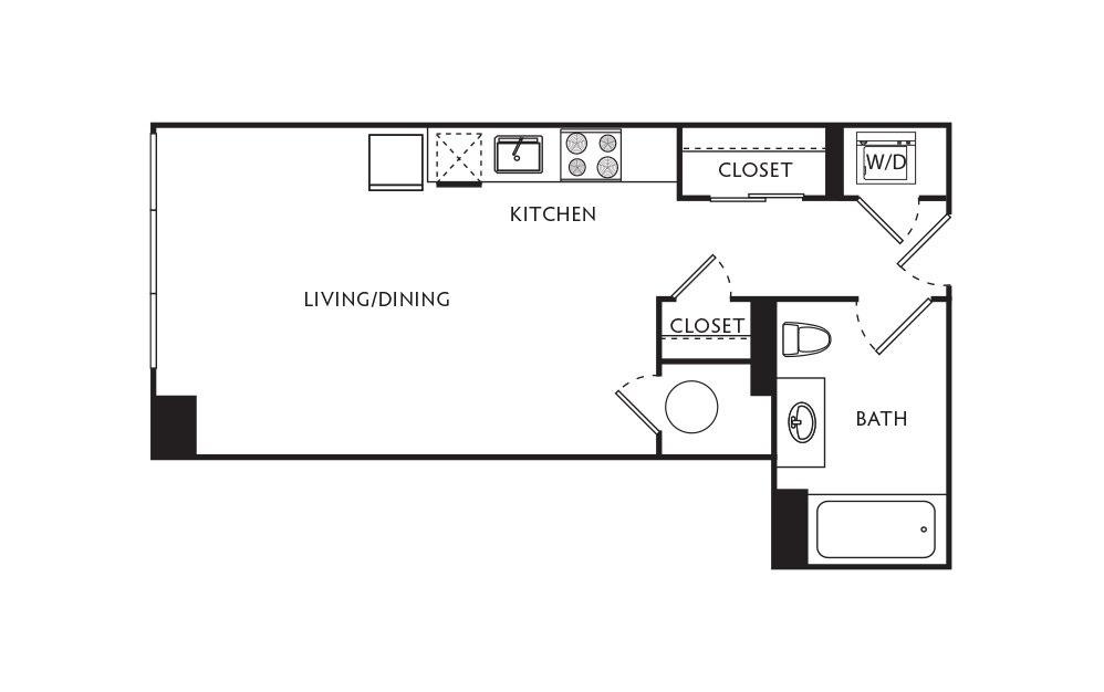 A9 - Studio floorplan layout with 1 bath and 401 square feet.
