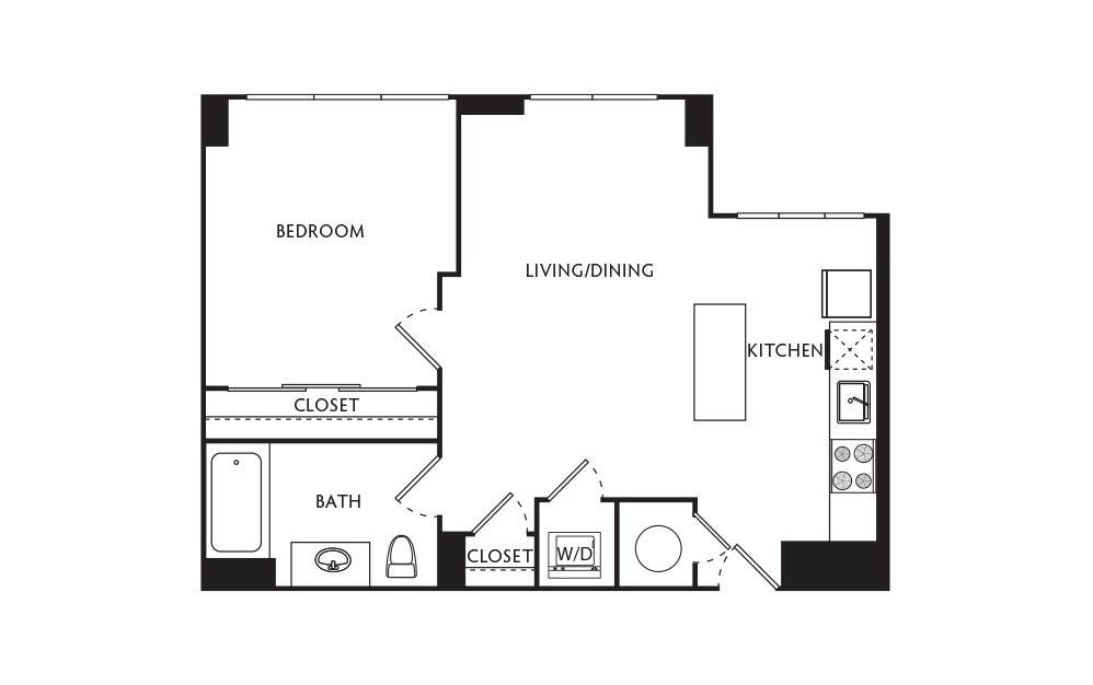B10 - 1 bedroom floorplan layout with 1 bath and 576 square feet.