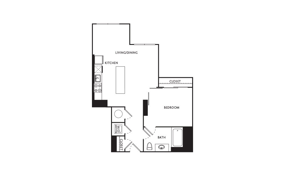 B2 - 1 bedroom floorplan layout with 1 bath and 563 square feet.