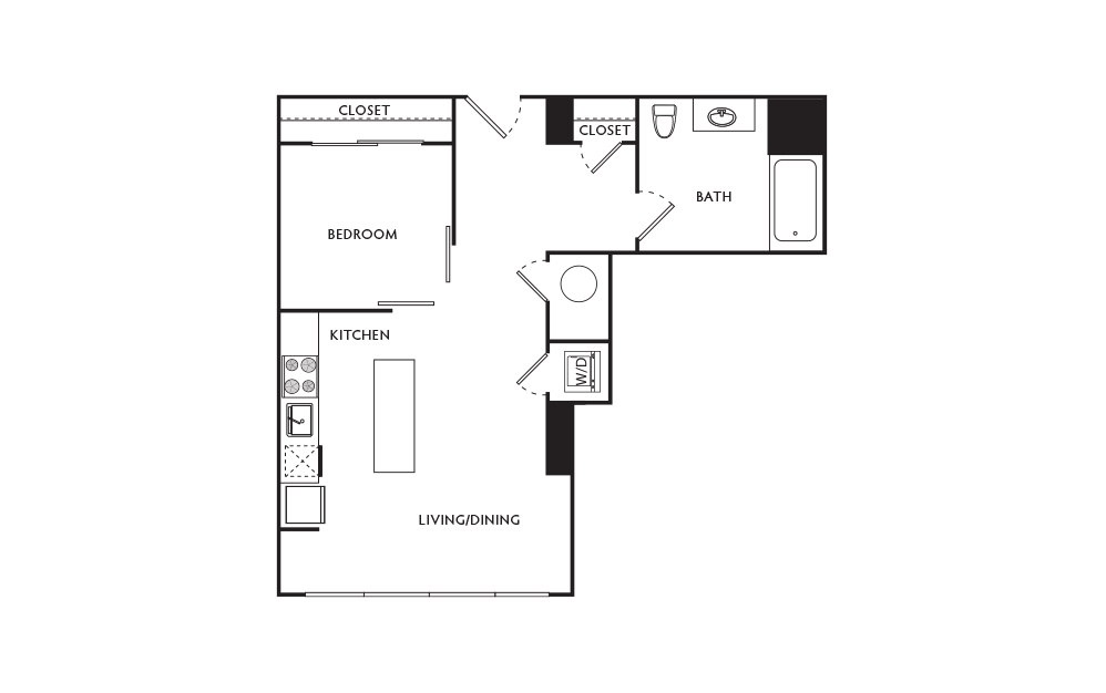 B3 - 1 bedroom floorplan layout with 1 bath and 580 square feet.