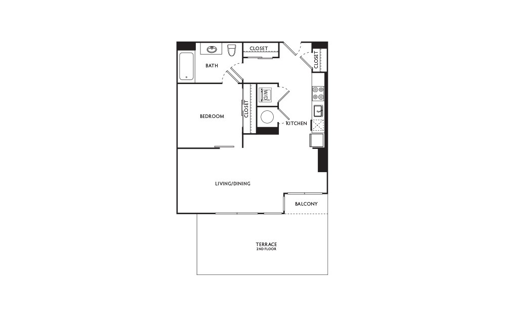 B5 - 1 bedroom floorplan layout with 1 bath and 621 square feet.