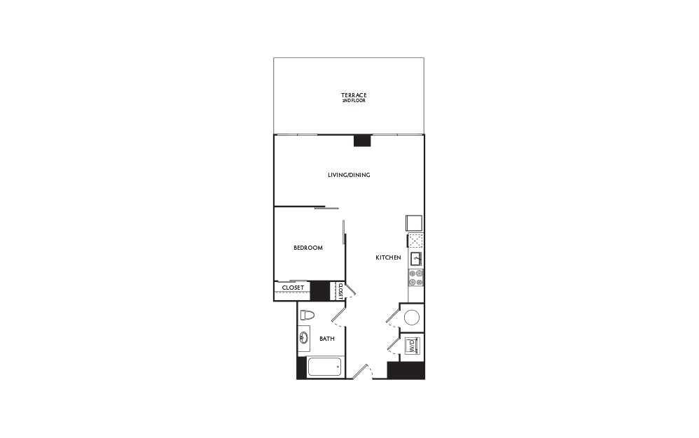 B6 - 1 bedroom floorplan layout with 1 bath and 593 square feet.
