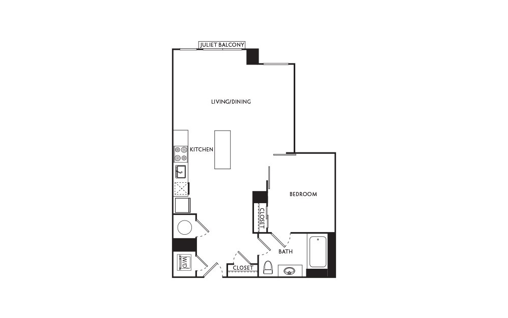 B7 - 1 bedroom floorplan layout with 1 bath and 608 square feet.