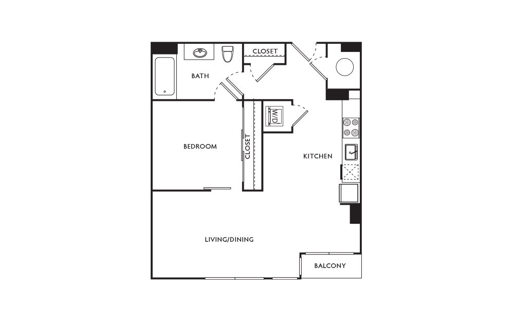 B9 - 1 bedroom floorplan layout with 1 bath and 619 square feet.