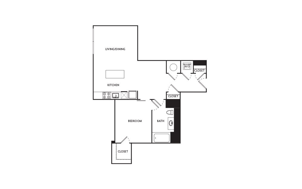 C13 - 1 bedroom floorplan layout with 1 bath and 654 square feet.