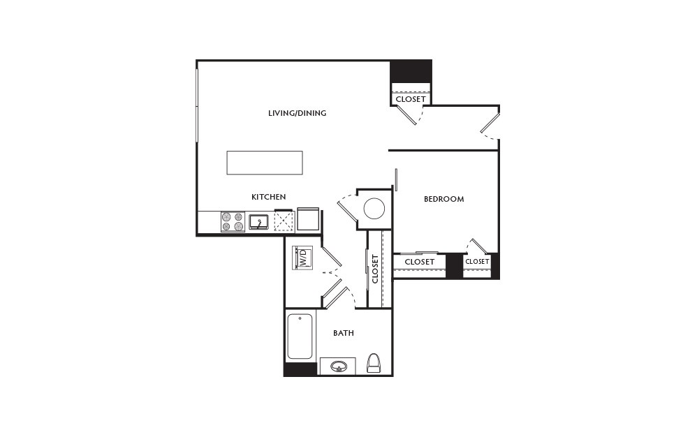 C14 - 1 bedroom floorplan layout with 1 bath and 614 square feet.