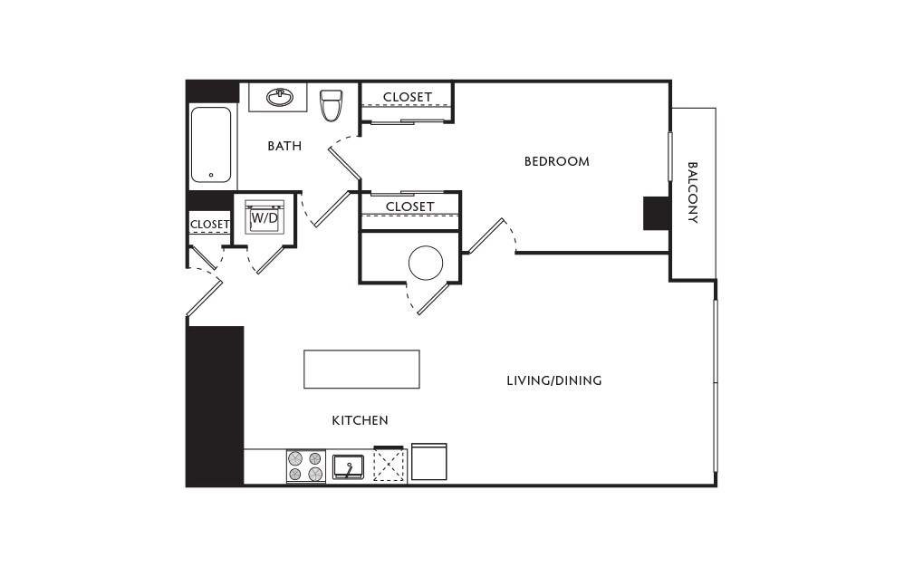C19 - 1 bedroom floorplan layout with 1 bath and 664 square feet.