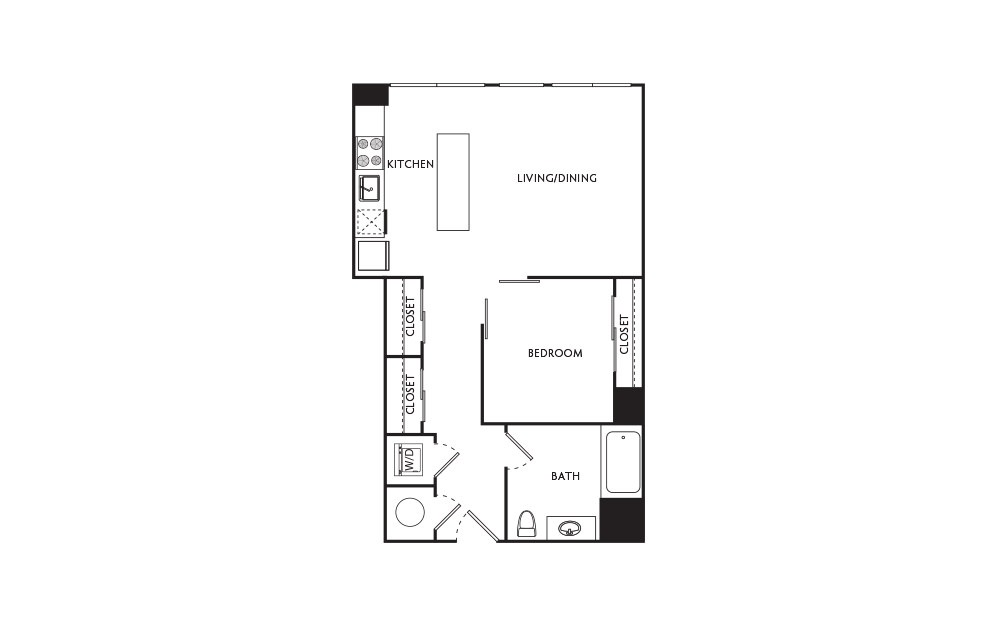 C25 - 1 bedroom floorplan layout with 1 bath and 607 square feet.