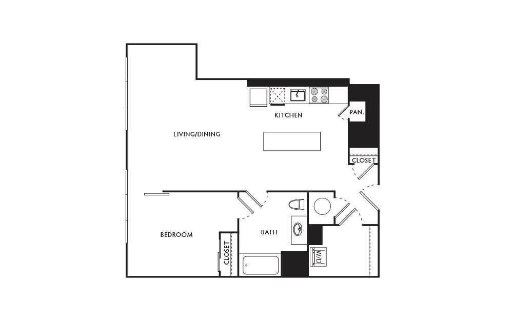 C28 - 1 bedroom floorplan layout with 1 bath and 711 square feet.