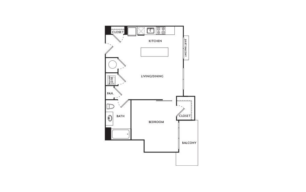 C29 - 1 bedroom floorplan layout with 1 bath and 594 square feet.