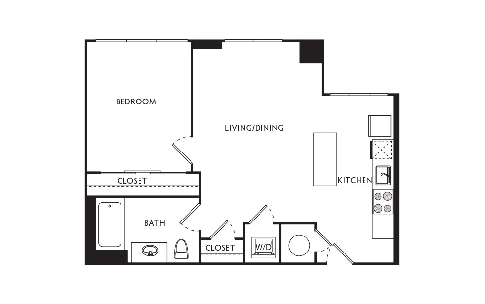C33 - 1 bedroom floorplan layout with 1 bath and 589 square feet.