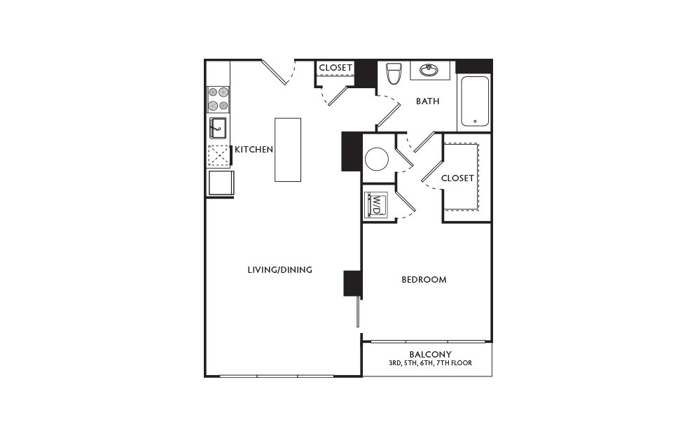 C7 - 1 bedroom floorplan layout with 1 bath and 625 square feet.