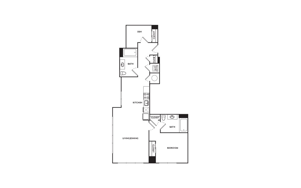 D1 - 1 bedroom floorplan layout with 2 baths and 841 square feet.