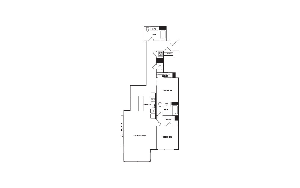 E10 - 2 bedroom floorplan layout with 2 baths and 1078 square feet.