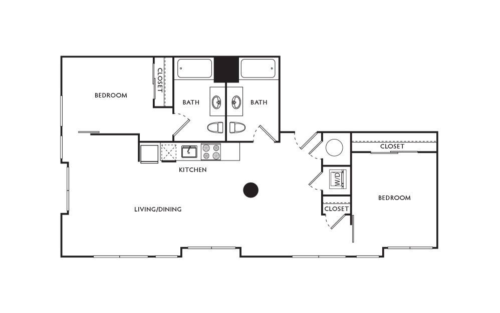 E12 - 2 bedroom floorplan layout with 2 baths and 865 square feet.