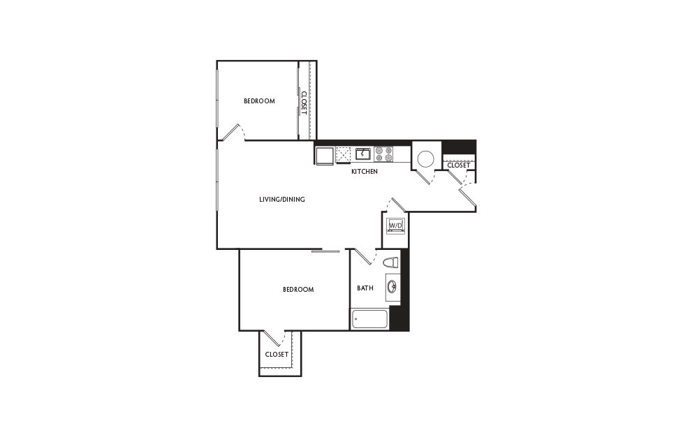 E13 - 2 bedroom floorplan layout with 1 bath and 739 square feet.