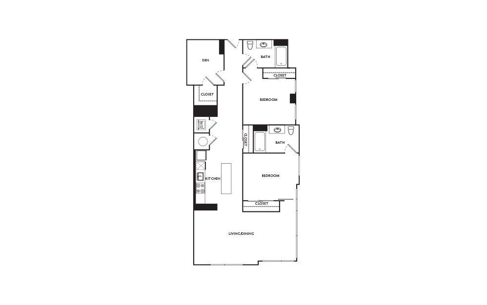 E15 - 2 bedroom floorplan layout with 2 baths and 1140 square feet.