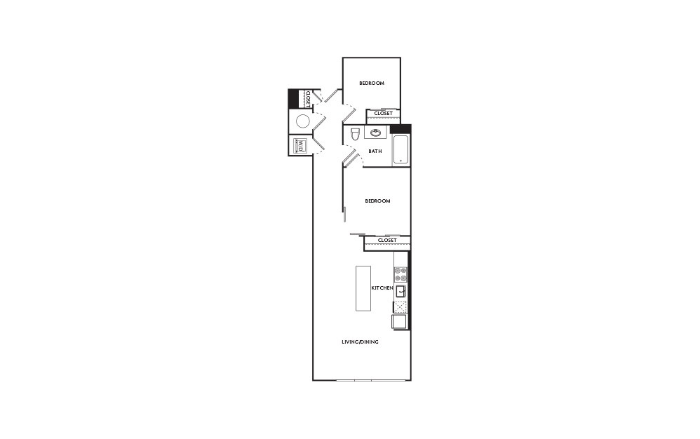 E16 - 2 bedroom floorplan layout with 1 bath and 697 square feet.