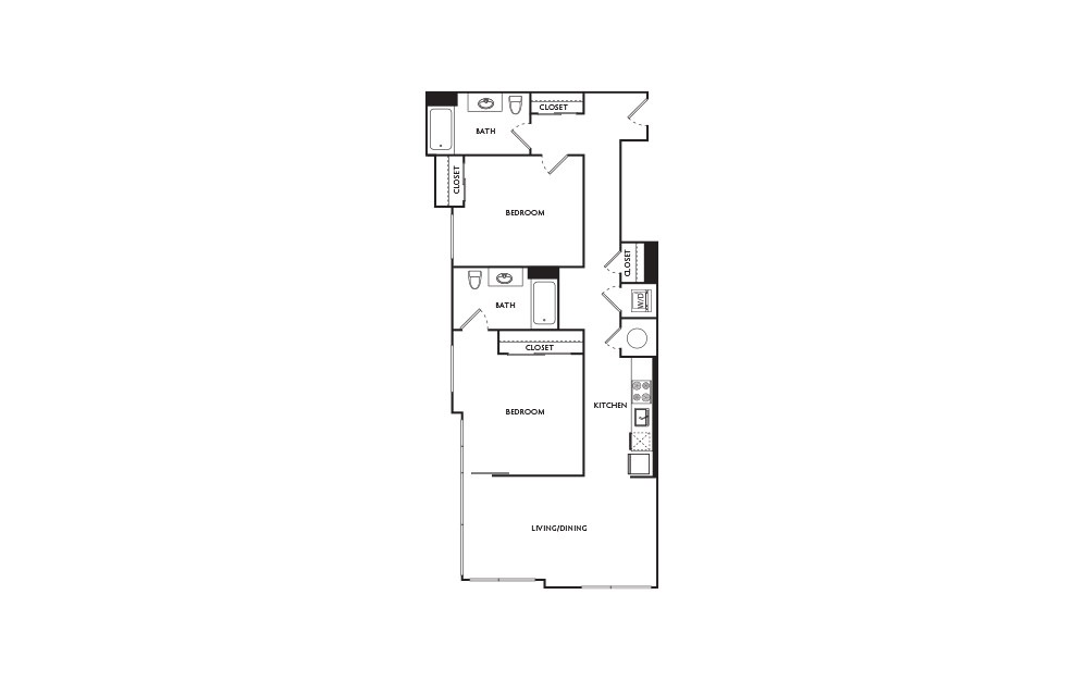 E17 - 2 bedroom floorplan layout with 2 baths and 991 square feet.