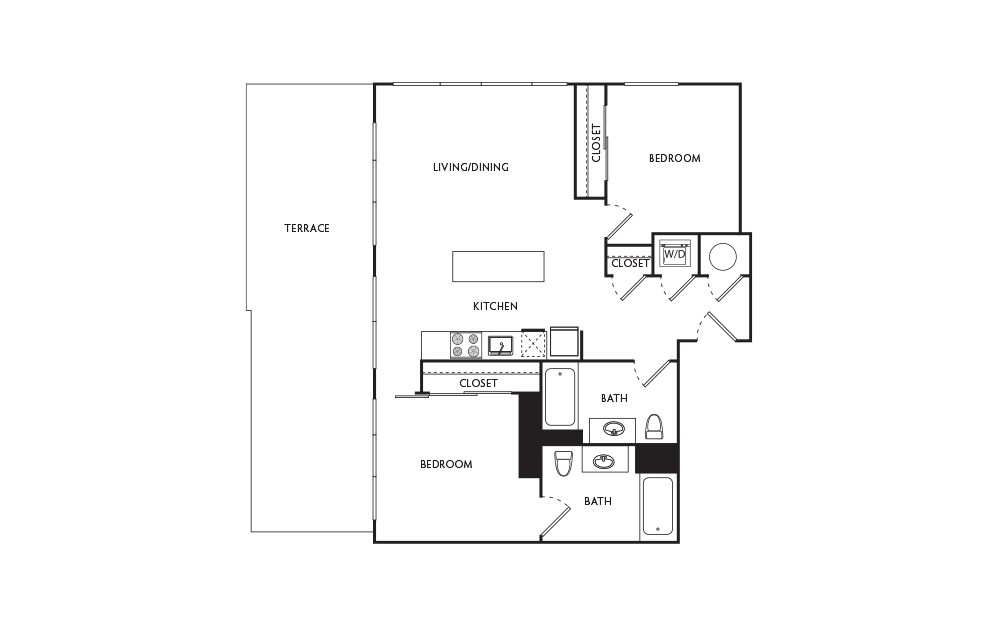 E18 - 2 bedroom floorplan layout with 2 baths and 866 square feet.