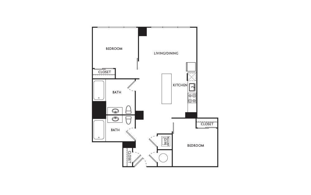 E1 - 2 bedroom floorplan layout with 2 baths and 773 square feet.
