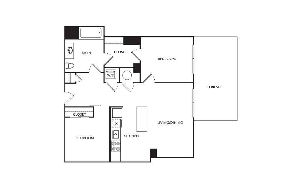 E20 - 2 bedroom floorplan layout with 1 bath and 781 square feet.
