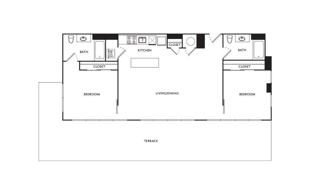 E22 - 2 bedroom floorplan layout with 2 baths and 1078 square feet.