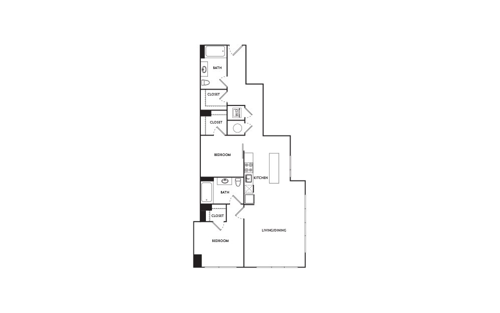 E2 - 2 bedroom floorplan layout with 2 baths and 976 square feet.