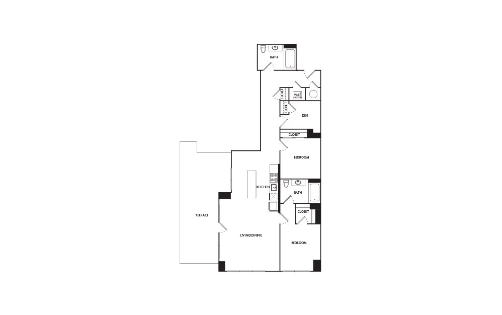 E3 - 2 bedroom floorplan layout with 2 baths and 1108 square feet.
