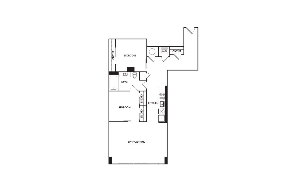 E4 - 2 bedroom floorplan layout with 1 bath and 867 square feet.