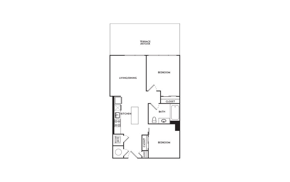 E5 - 2 bedroom floorplan layout with 1 bath and 673 square feet.