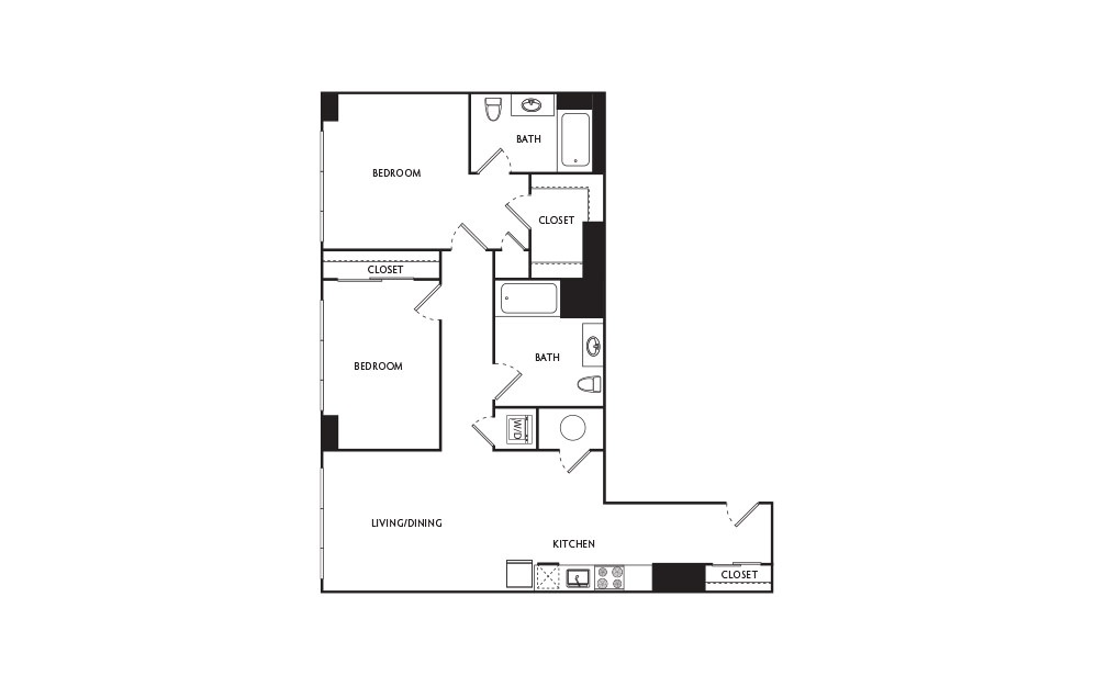 E6 - 2 bedroom floorplan layout with 2 baths and 949 square feet.