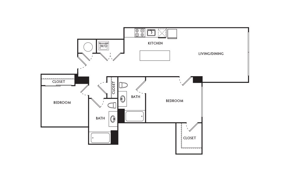 E7 - 2 bedroom floorplan layout with 2 baths and 871 square feet.