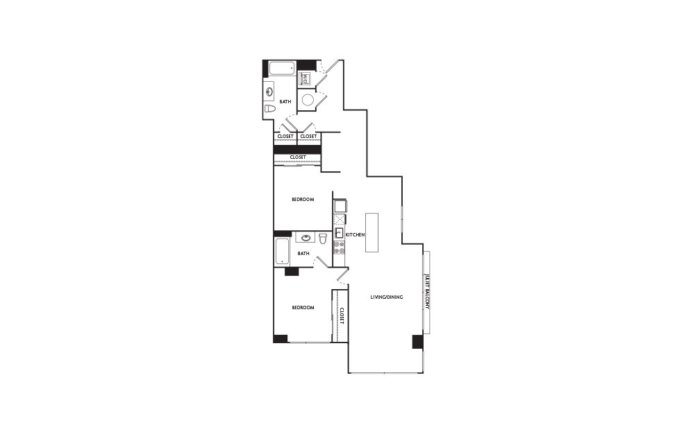 E9 - 2 bedroom floorplan layout with 2 baths and 1103 square feet.