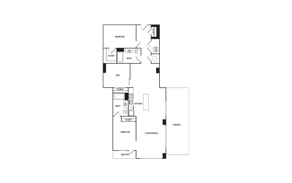 F1 - 2 bedroom floorplan layout with 2 baths and 1259 square feet.