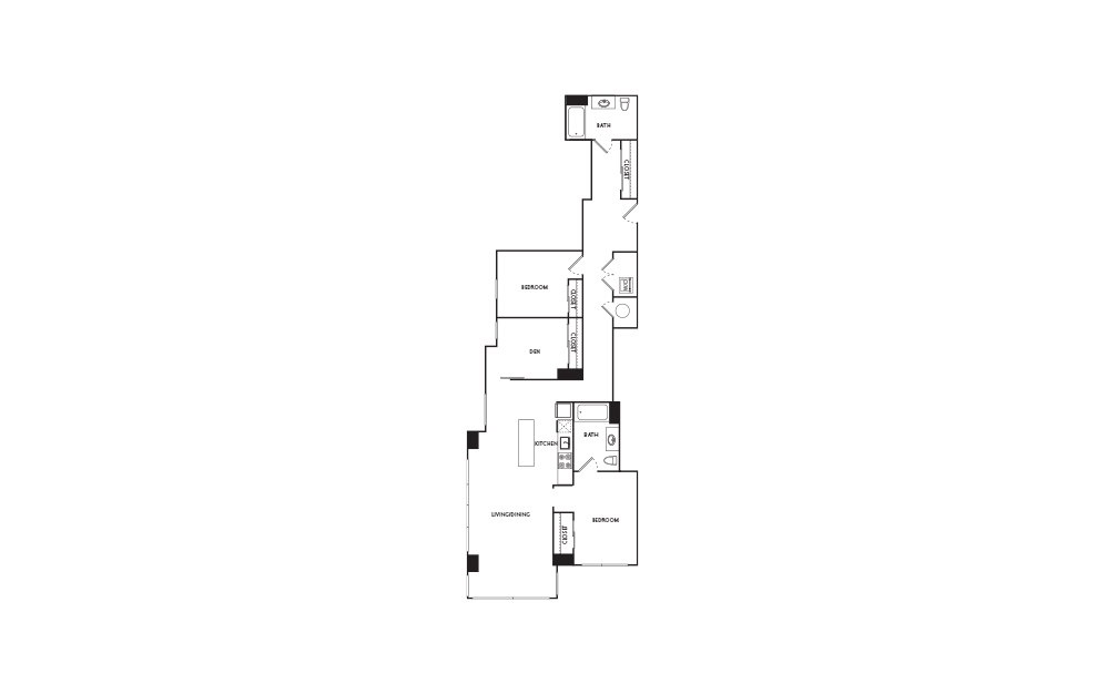 F2 - 2 bedroom floorplan layout with 2 baths and 1146 square feet.